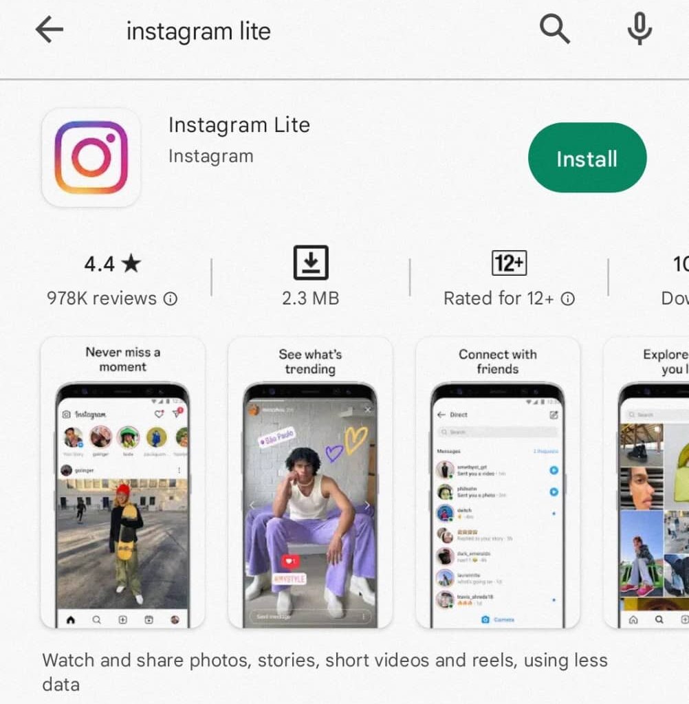 Instagram lite play store